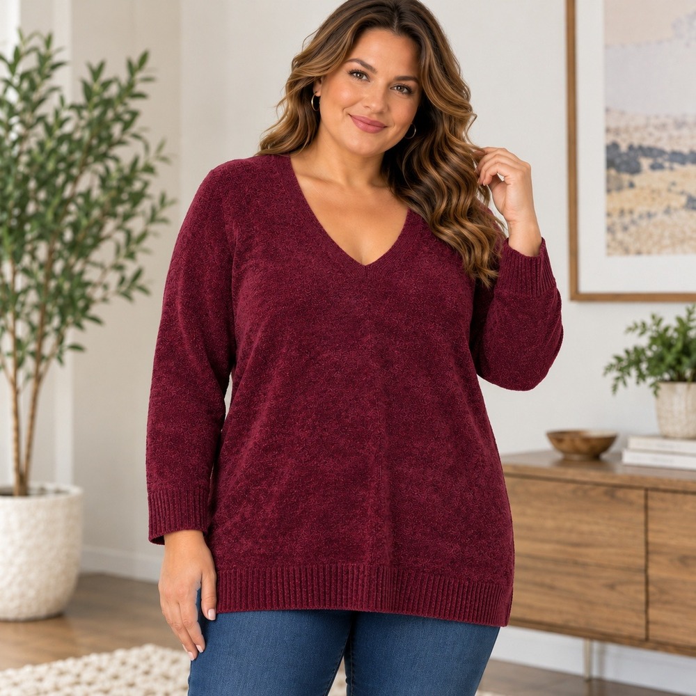 J. Jill Wearever Burgundy V-Neck Chenille Knit Pullover Sweater XL Womens